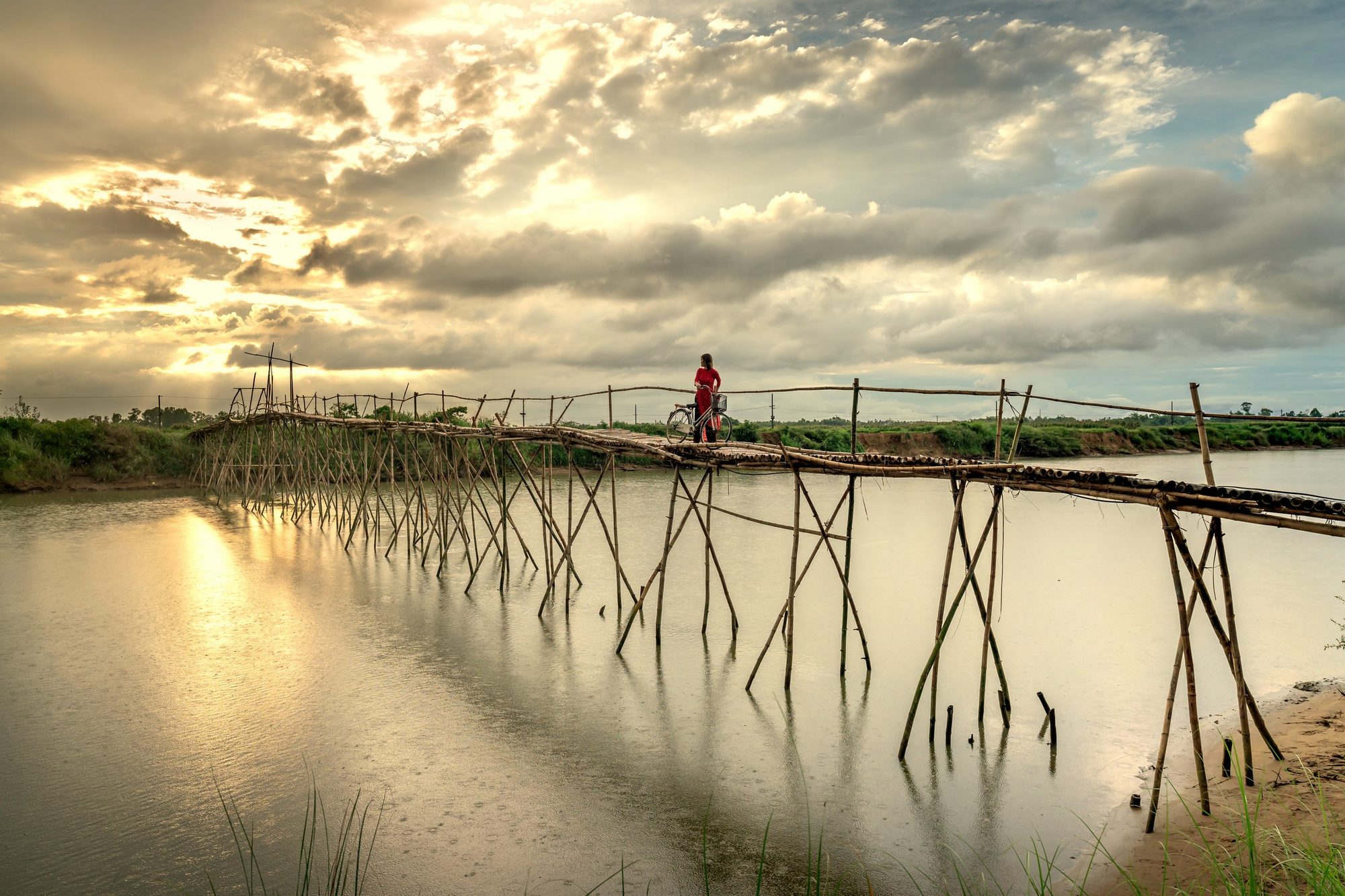 Woman with a bicycle pausing on a bamboo bridge at golden hour